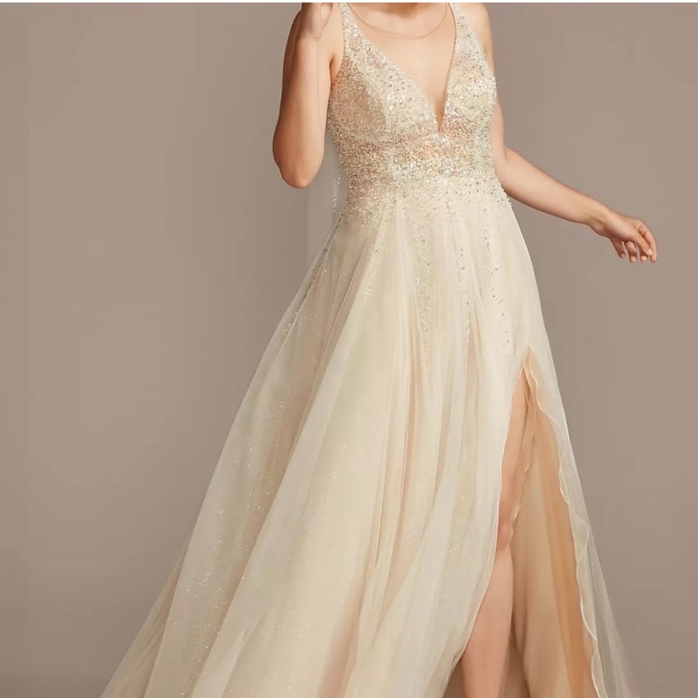 “Beaded Bodice Plunging-V Illusion Wedding Dress” -Galina Signature